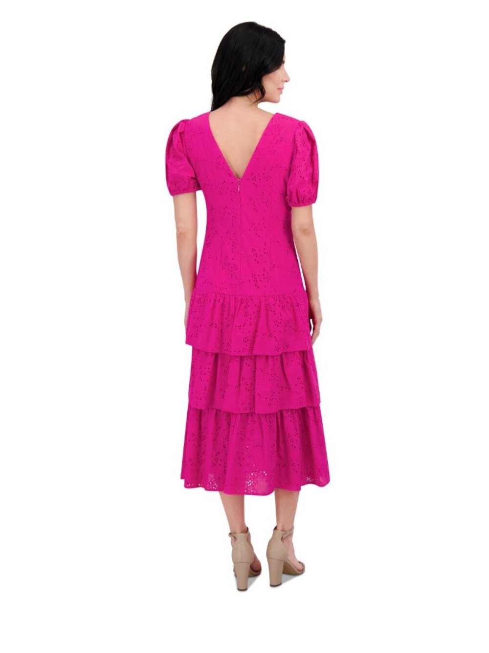 Pink Eyelet Tiered Midi Dress With Puff Sleeves V-Neck And Back Zip Closure - Si - Picture 3 of 9
